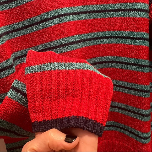 Anthropologie‎ Harlyn Red Blue Striped 
Ruffle Shoulder Sweater. Size Medium. - Picture 10 of 14